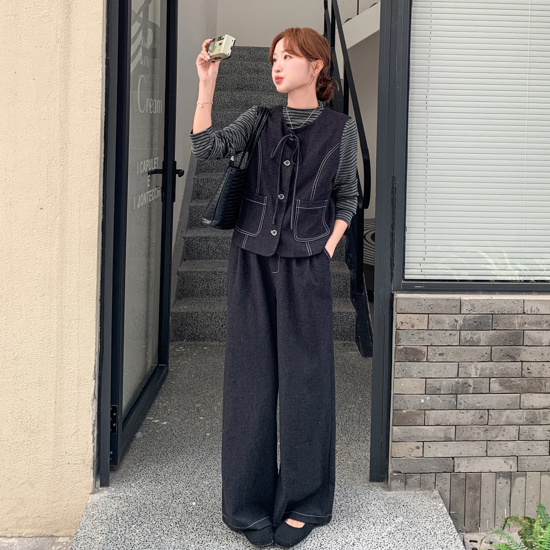 休闲慵懒风气质显瘦套装女秋季新款复古马甲条纹内搭休闲裤三件套