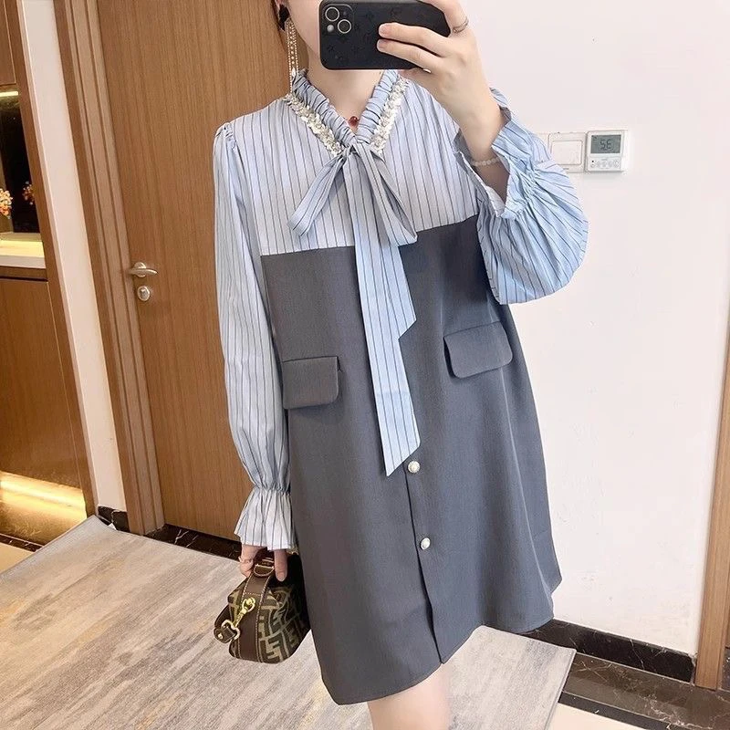 大码胖mm设计感条纹拼接长袖连衣裙女2025早秋新款宽松遮肚显瘦