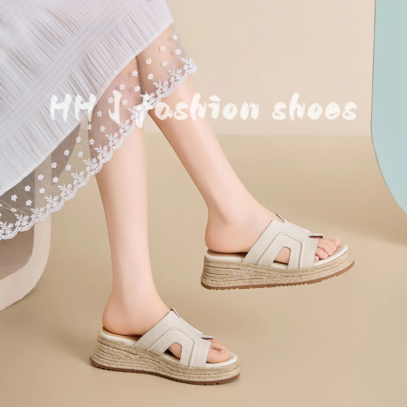 增高6cm~网红同款复古一字厚底坡跟凉拖鞋女2025夏季外穿草编凉鞋