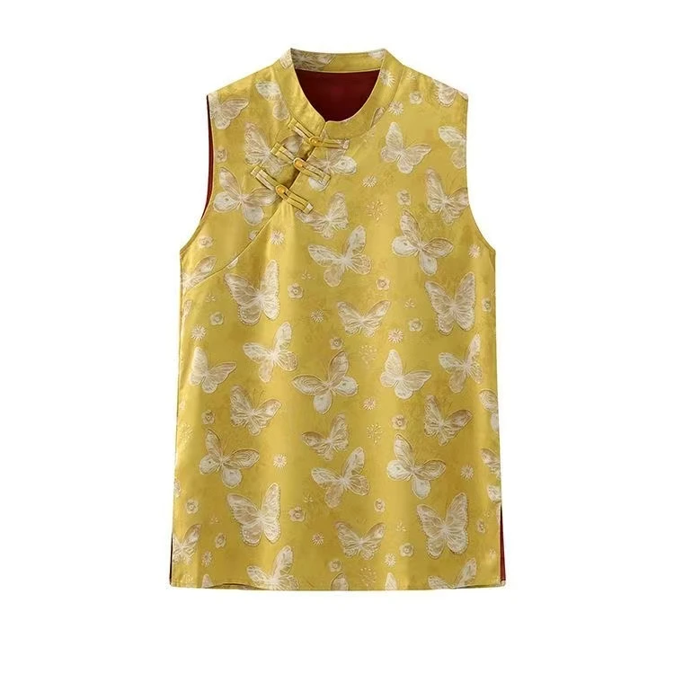 提花夏季马甲植物花卉印花薄款香云纱复古女无袖上衣中式国风