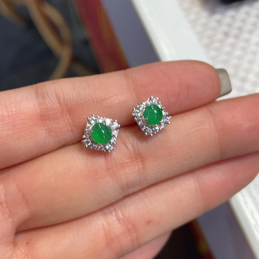 翡翠银S925镶嵌耳饰天然缅甸