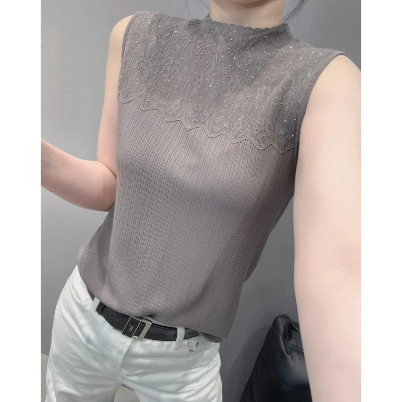 夏新款重工烫钻冰丝针织衫欧洲站时尚提花修身无袖背心女上衣小衫