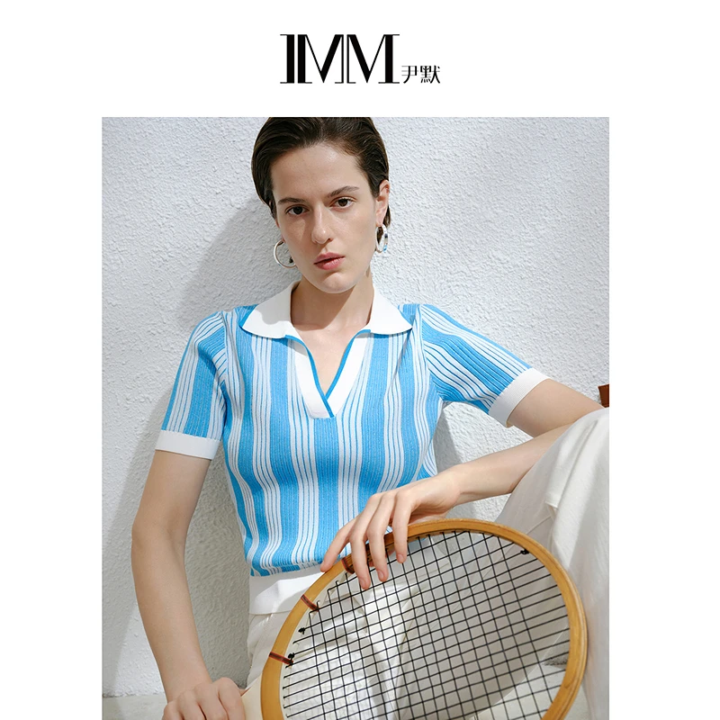 尹默【星线好物】IMM尹默女装翻领条纹短袖针织上衣IWEX31203