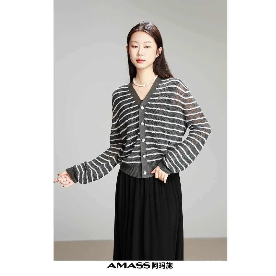 AMASS/阿玛施548009 新款经典百搭清凉条纹亚麻基础镂空针织开衫