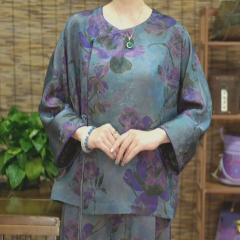 枫犀国风红云纱40姆米重磅桑蚕丝上衣女宽松大码显瘦提花小衫斜襟