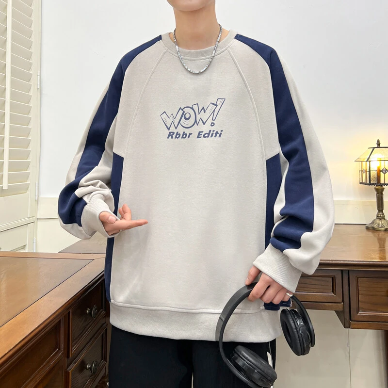 Mexican/稻草人春季圆领拼色数字印花长袖宽松休闲卫衣套头上衣男