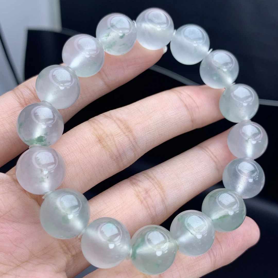 缅甸A货翡翠冰飘花大卡男女款圆珠手链手串男士单圈5QM2T17卡12mm