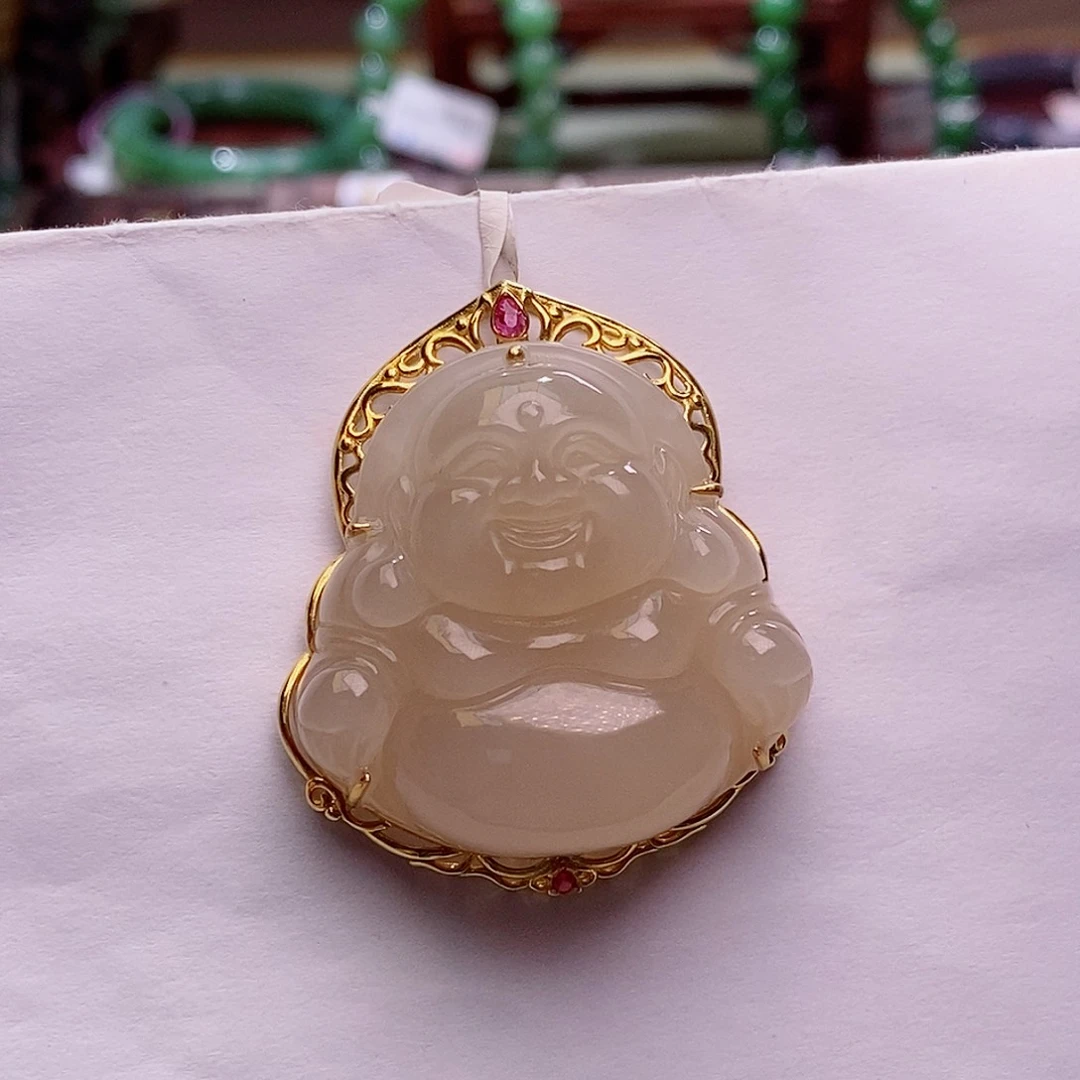 和田玉未镶嵌颈饰红藕粉金镶毕业级佛公吊坠