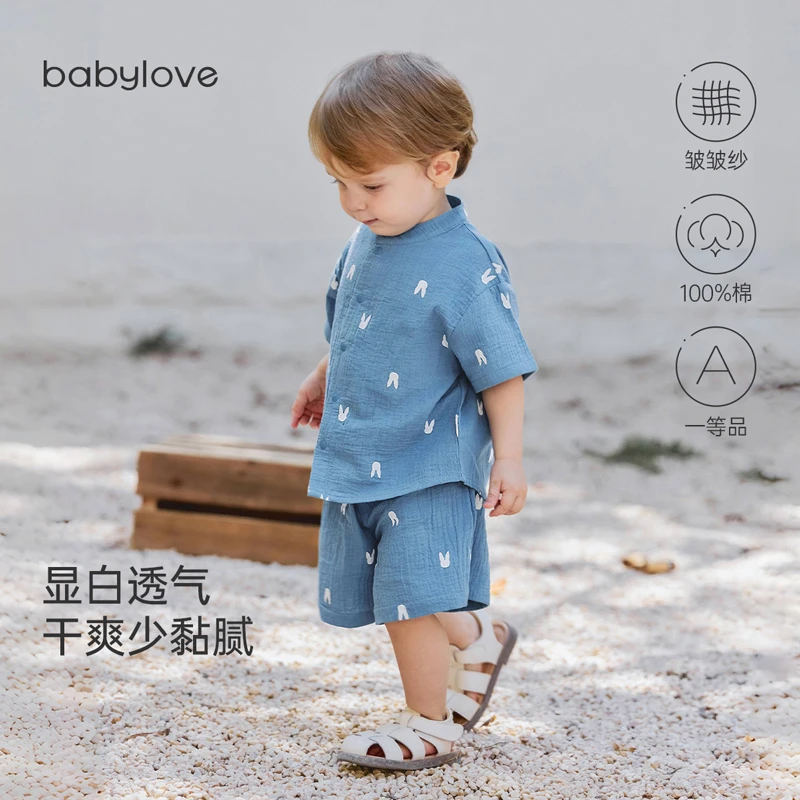 babylove宝宝分体套装夏季休闲外出服纯棉纱布衬衫t恤短裤两件套