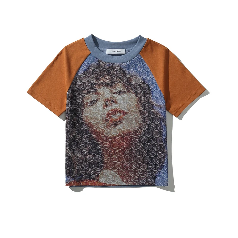 美式复古街头潮酷少女风休闲泡沫女孩印花插肩短款拼色短袖t恤夏