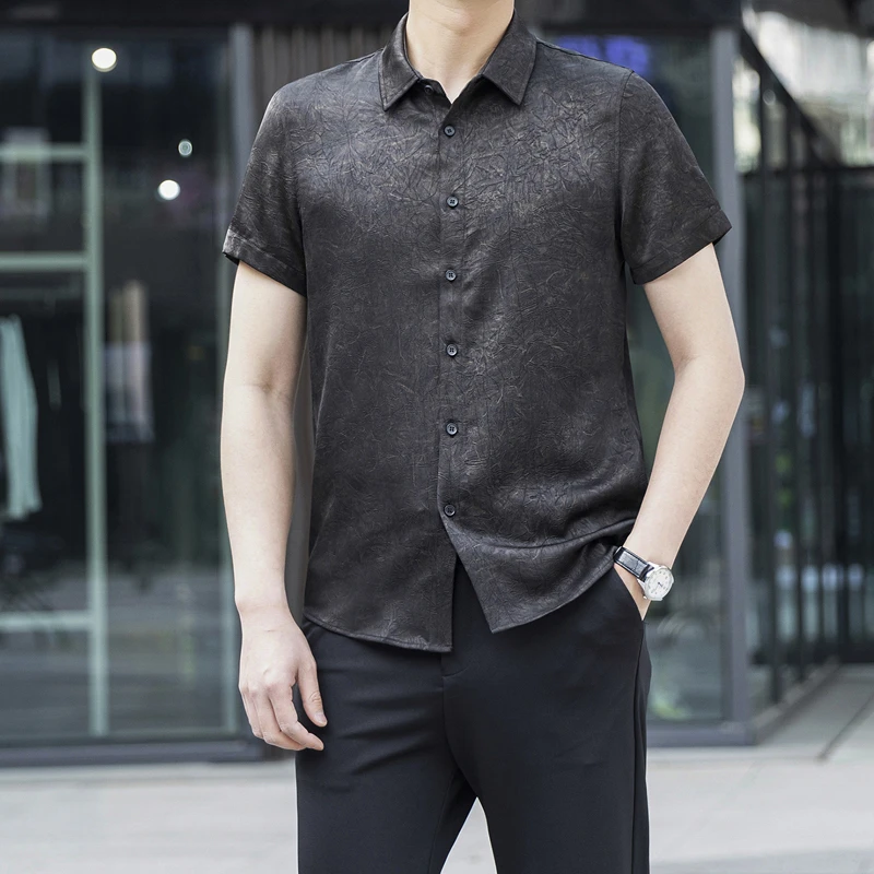 男士夏季薄款天然桑蚕丝短袖衬衫透气翻领宽松型百搭香云纱04