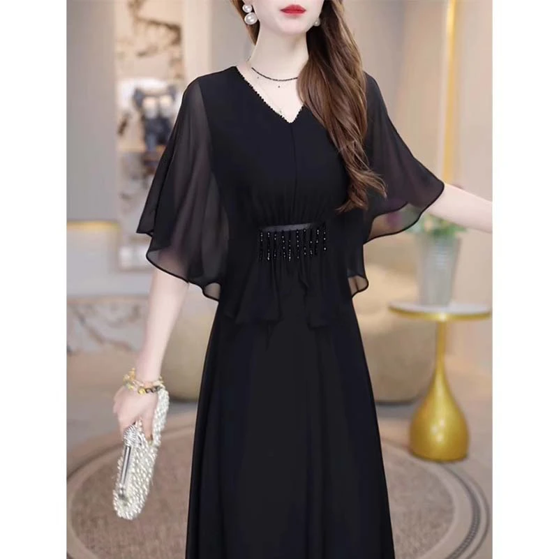 【有里布】短袖连衣裙女2025夏季新款女神范薄款收腰礼服裙D2920