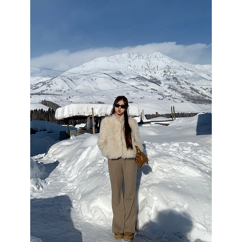 王少女【清清】灰卡其色加绒微喇裤休闲高腰冬季裤子 K14001S34