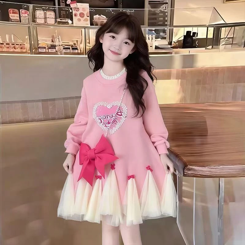 女童连衣裙春秋季2025新款儿童洋气女孩甜美蝴蝶结网纱拼接卫衣裙