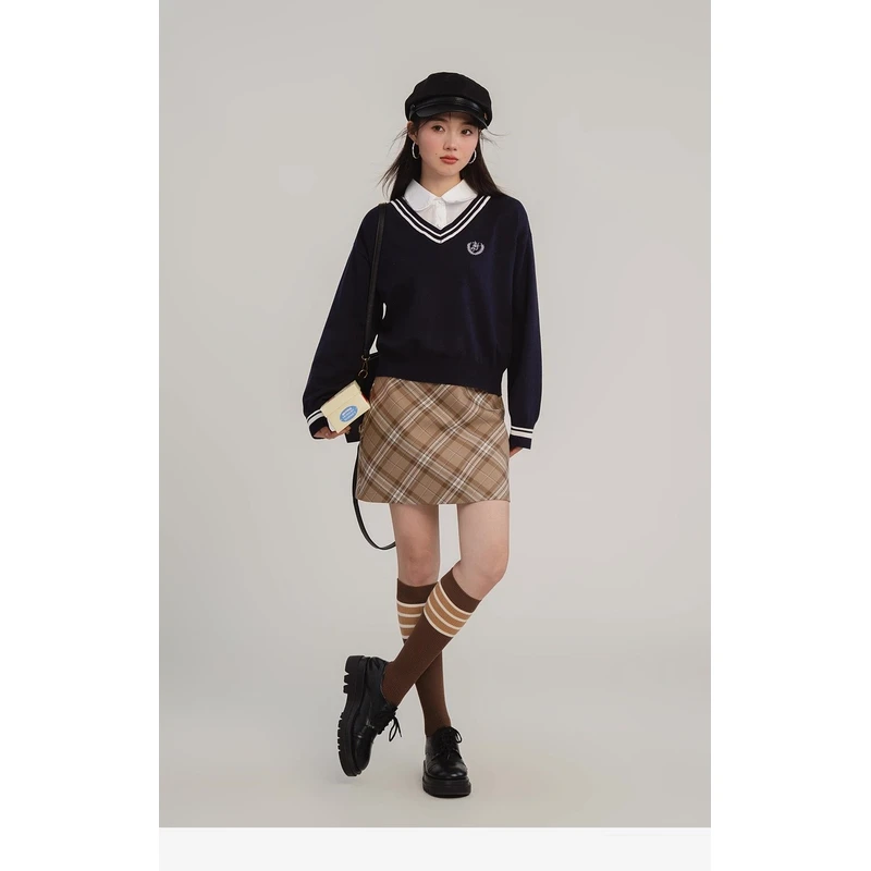 时尚撞色格纹半身裙女2025秋季新款学院风高腰显瘦短裙