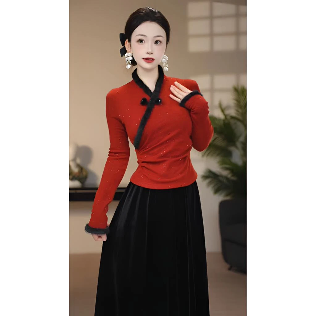 【上衣】冬季新款小众百搭显瘦加绒加厚保暖长袖毛毛领上衣-80142