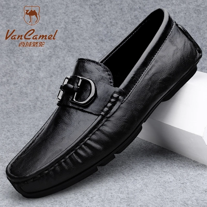 西域骆驼新款男士豆豆鞋透气皮鞋男百搭真皮软底乐福鞋潮流英伦风