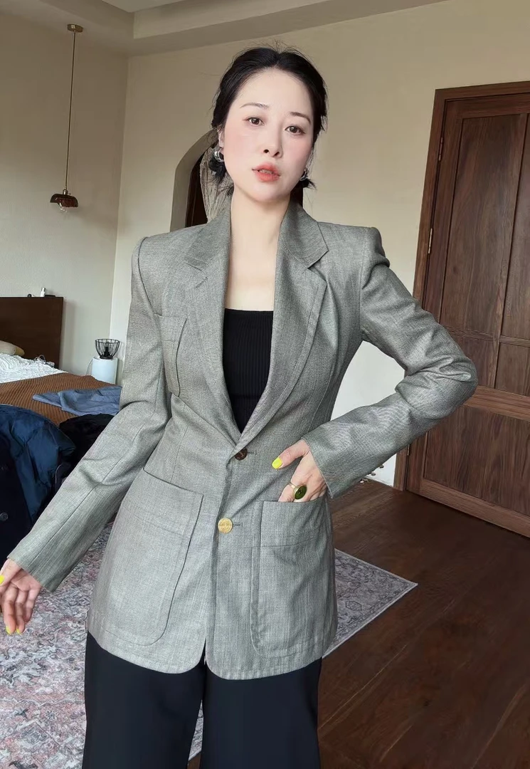 95新 YSL/圣罗兰 送中检/圣罗兰灰色金扣西服
