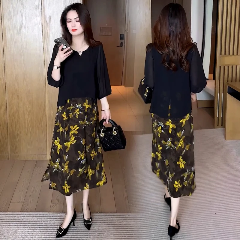 时尚假两件连衣裙女2025夏季新款洋气宽松遮肚子显瘦碎花雪纺裙子