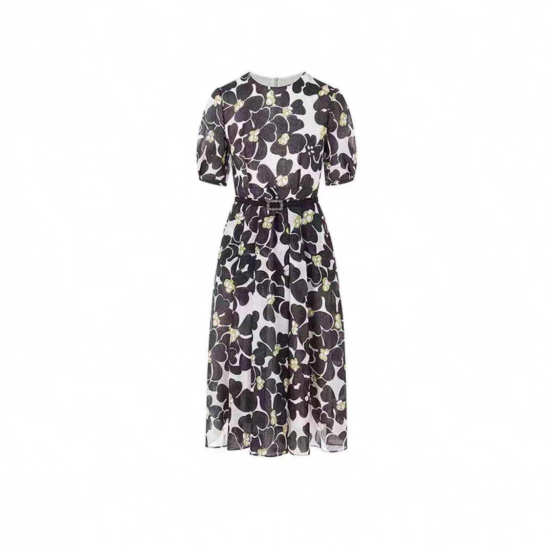 GD 01966夏新款法式印花泡泡袖收腰短袖连衣裙