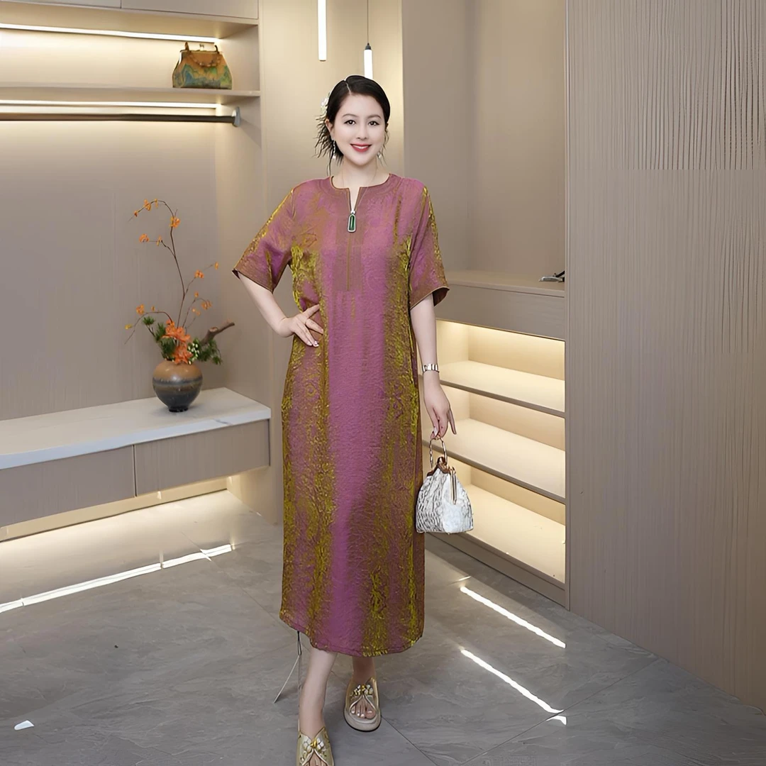 紫金新中式新款百搭不褪色短袖绫罗提花连衣裙女中长款湖光锦休闲