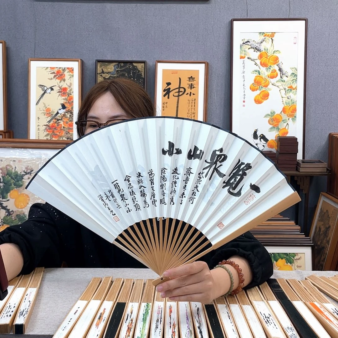 国画95寸玉竹-纯手绘-文玩扇骨（默认粘好）望岳