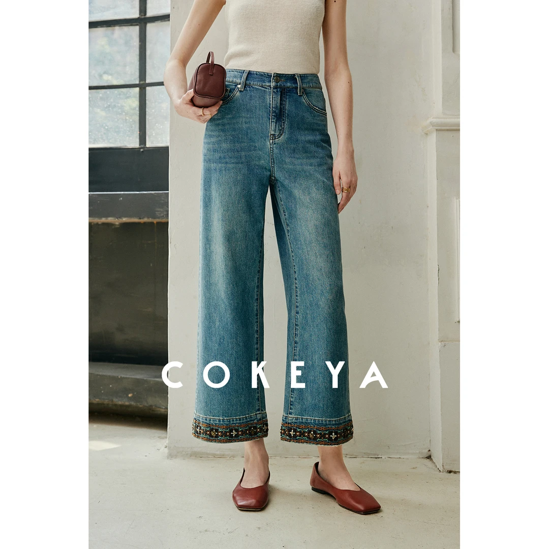 COKEYA/赛~弹力棉不易皱经典直筒民族风绣花手工钉珠牛仔裤