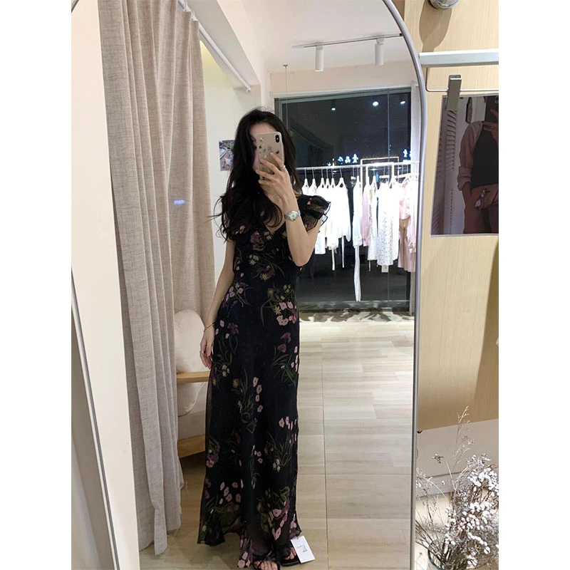 黑色荷叶领中长款植物花卉小众设计感连衣裙女夏季度假长裙高个子