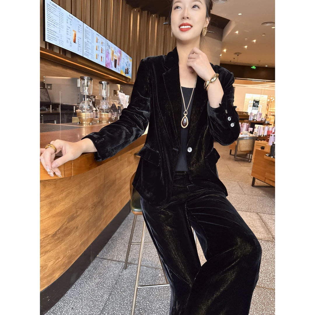 【老罗家】原创丝绒短外套女金线桑蚕丝绒西服新中式宽松显瘦外套