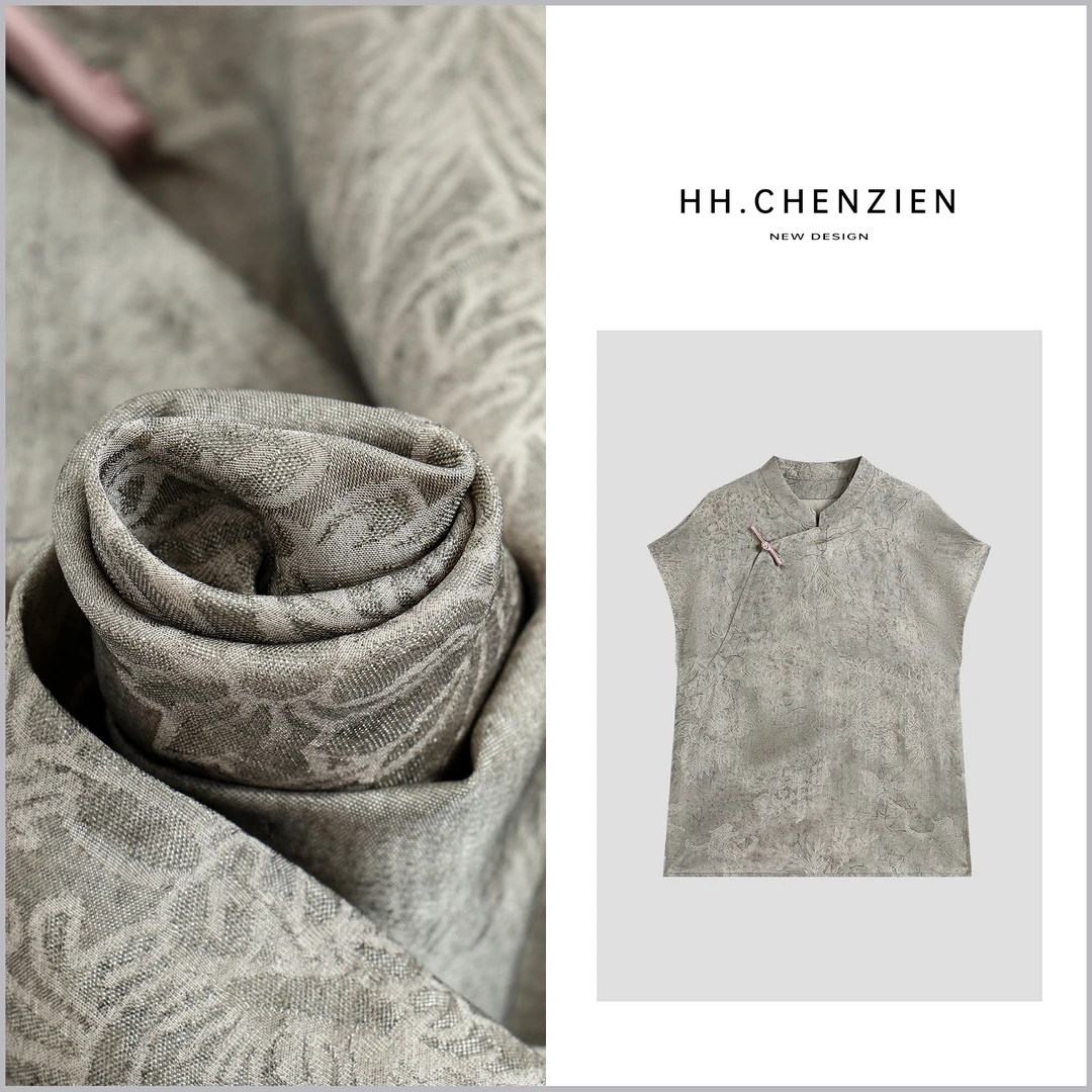 【黑黑家】夏款女新款女士花提花旗袍扣设计百搭时尚无袖上衣