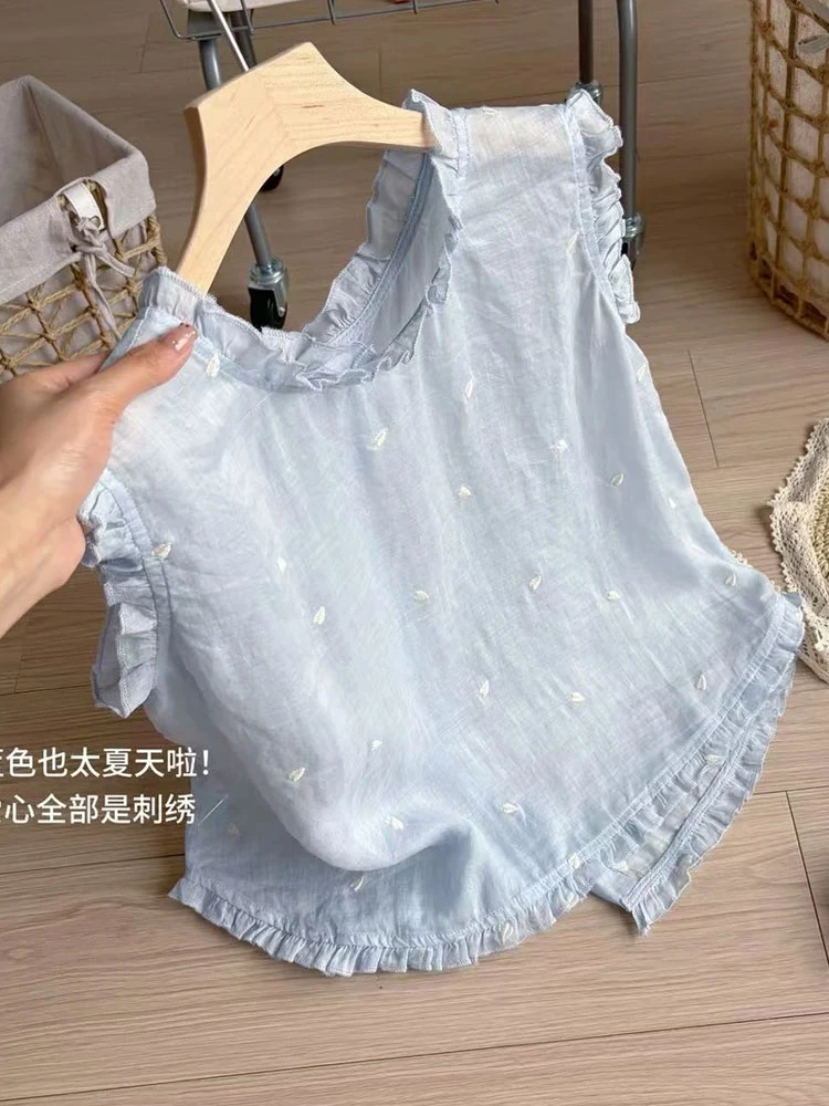 爱心刺绣2025夏季常规款木耳韩版遮肉衬衫娃娃衫蓝色小衫文艺上衣
