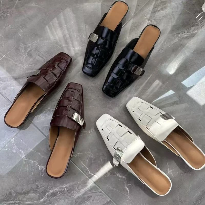 平跟法式包半外穿半拖鞋2025夏季编制透气舒适软底英伦凉拖网红款