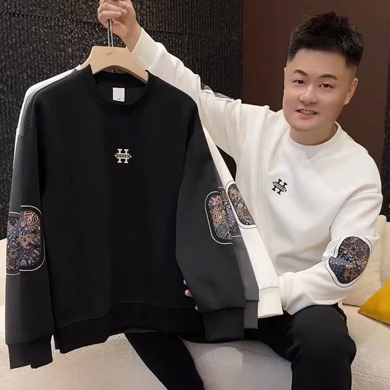 宽松型长袖男圆领卫衣加绒上衣印花秋冬情侣百搭套头拼接宽松