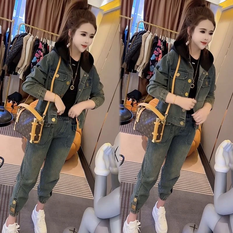 2025新款冬天时尚牛仔套装女爆款大码宽松洋气短款连帽外套两件套