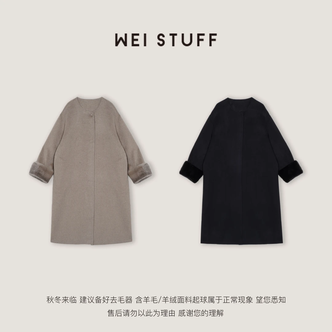 WEI STUFF 双色可拆卸水貂袖100山羊绒大衣 10634.