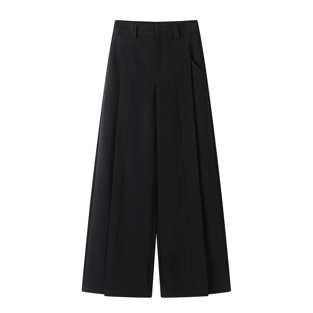 【艾家】微弹力阔腿裤压褶休闲风女西装裤气质黑色显瘦通勤AR303013