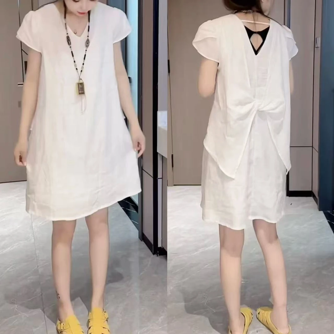 夏季新款薄款轻奢时尚蝴蝶结荷花袖麻连衣裙宽松显瘦洋气中长裙