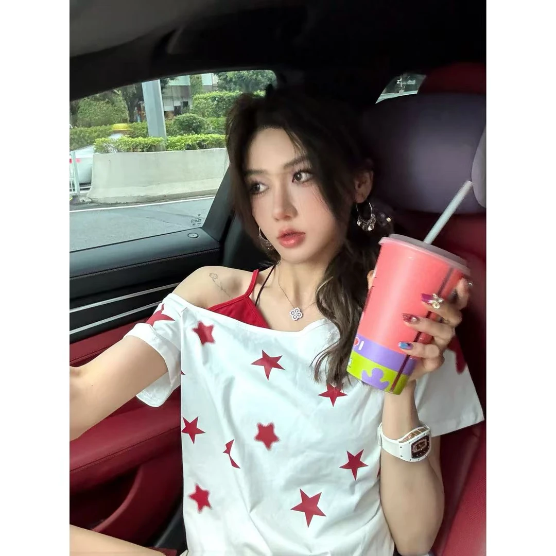 （浠儿家）美式星星印花斜肩吊带短袖T恤多巴胺独特漂亮上衣