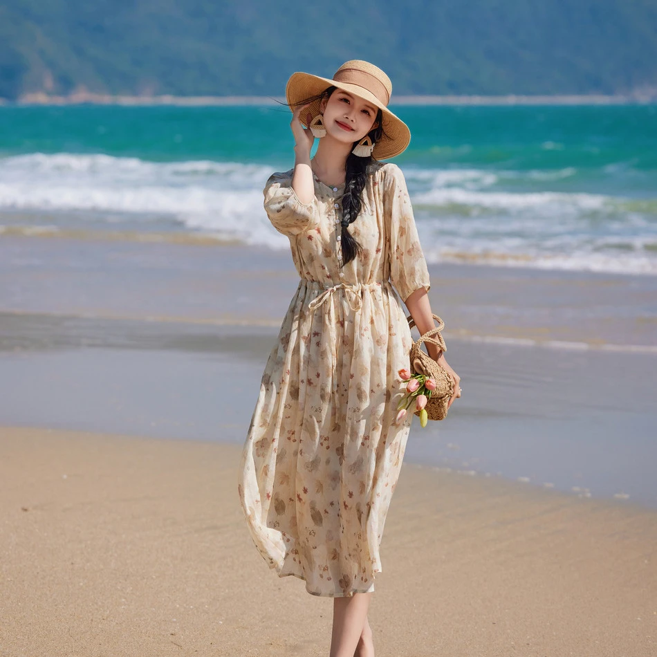 【娟娟宠粉】2402亚麻浅米黄印花连衣裙
