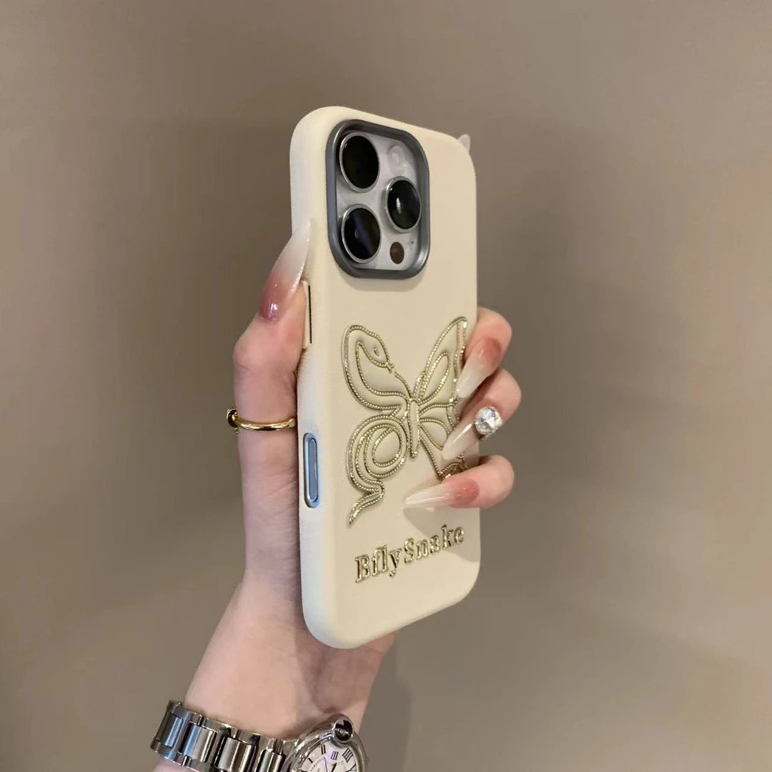 高级感蝴蝶与蛇iPhone16promax手机壳适用苹果15/14皮质软壳新款.