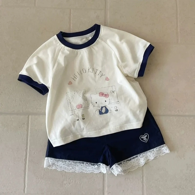 儿童夏款T恤2025女童卡通Kitty猫短袖上衣小女孩甜美蕾丝花边短裤