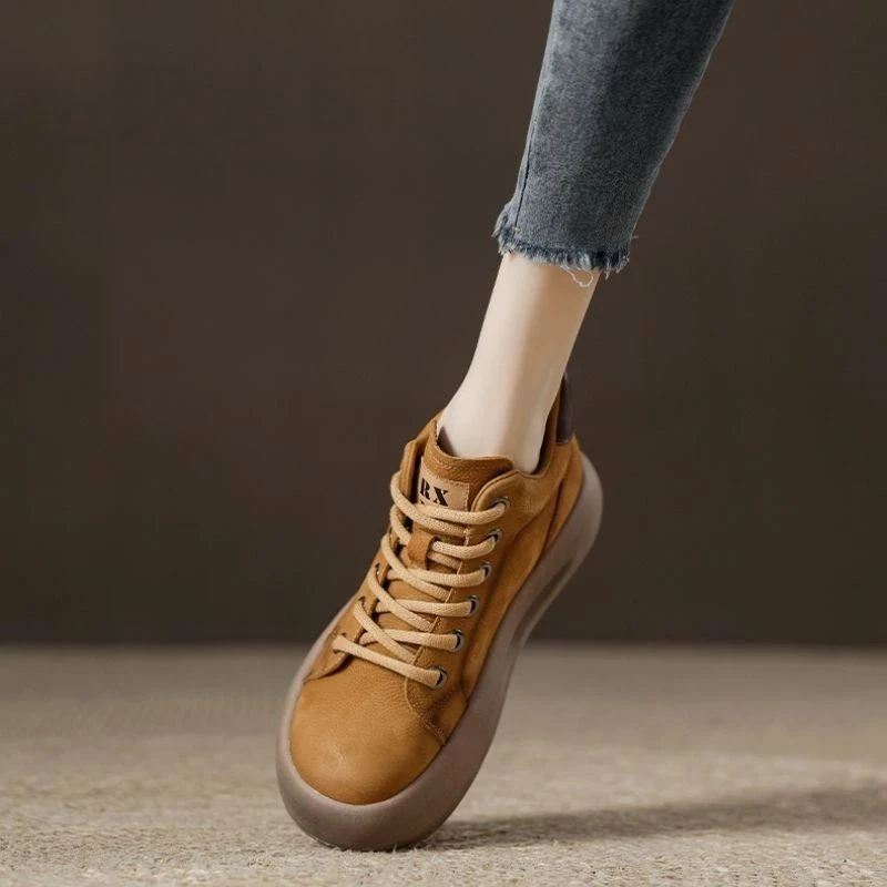 舒适高帮真皮短靴女头层牛皮厚底女鞋休闲鞋马丁靴系带复古拼色