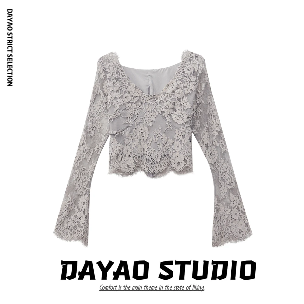 L【小娇妻】v领蕾丝无弹短款修身长袖上衣 无胸垫后背有拉链