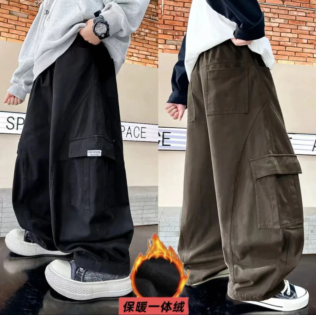 加绒工装裤～冬季新款加厚中大童宽松潮牌一体绒弯刀裤