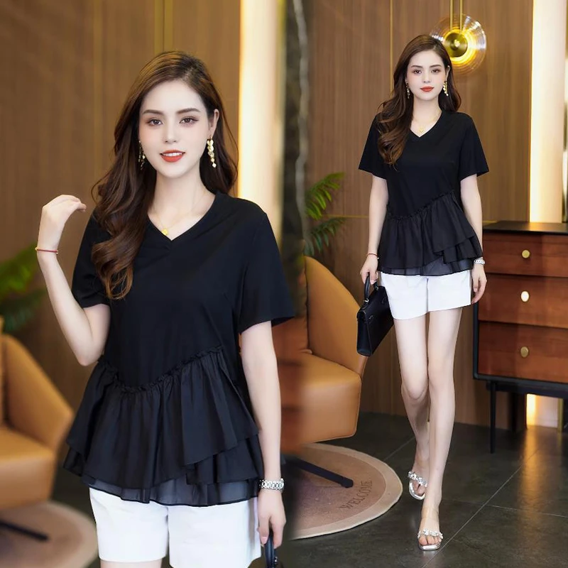 莱赛尔天丝夏季宽松遮肚子T恤女2025新款短袖显瘦上衣V领洋气小衫