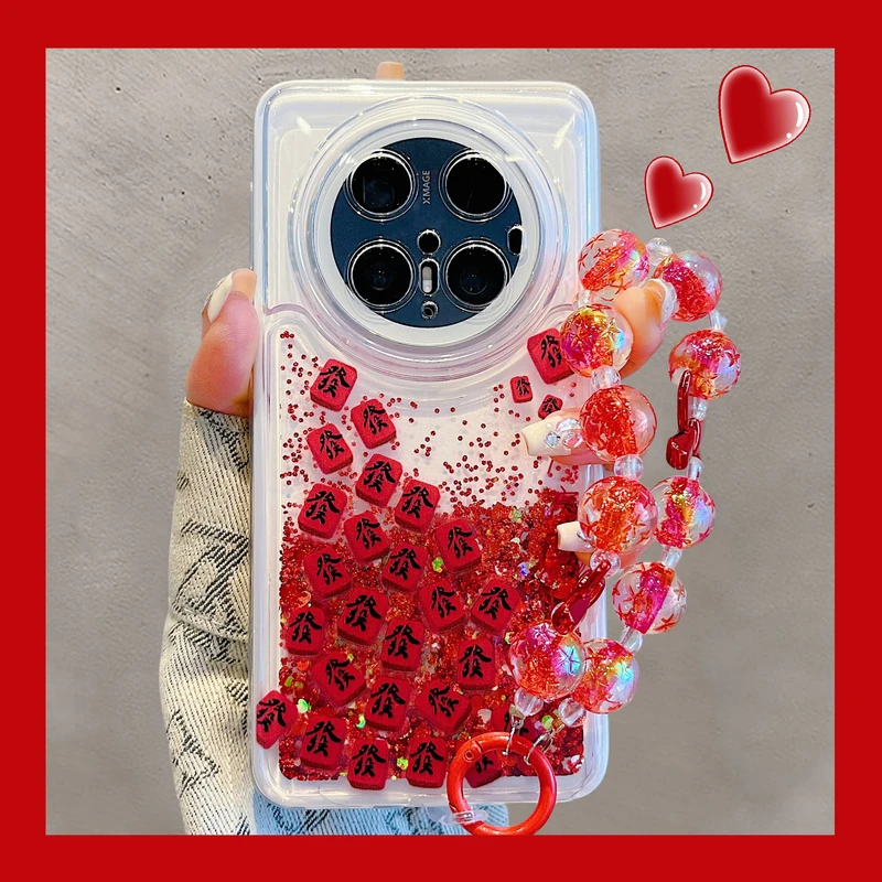 适用华为mate70pro+手机壳pura70pro+红色闪粉流沙發字mate60pro+