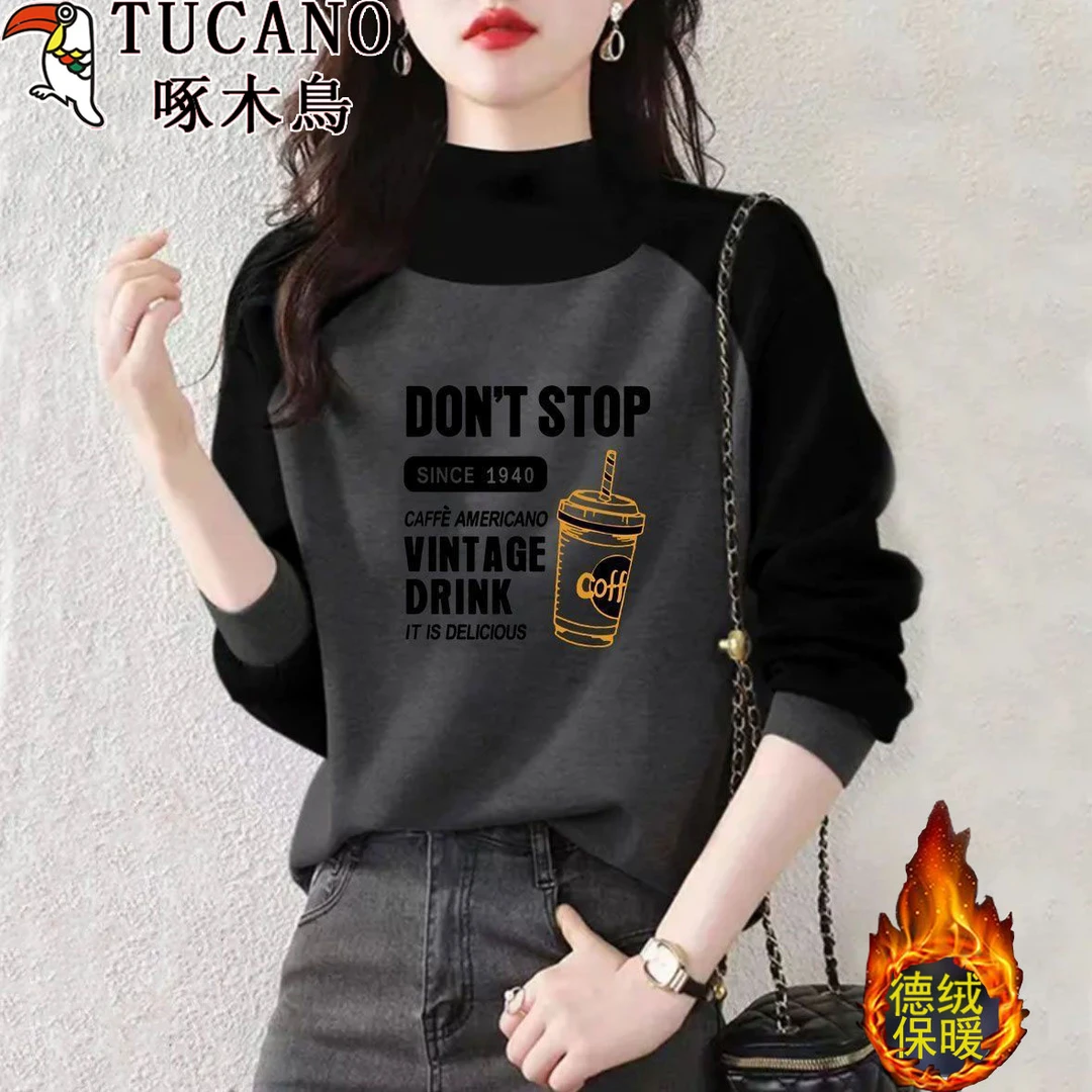 啄木鸟秋冬款长袖t恤女装半高领德绒打底衫洋气老钱风拼接上衣服