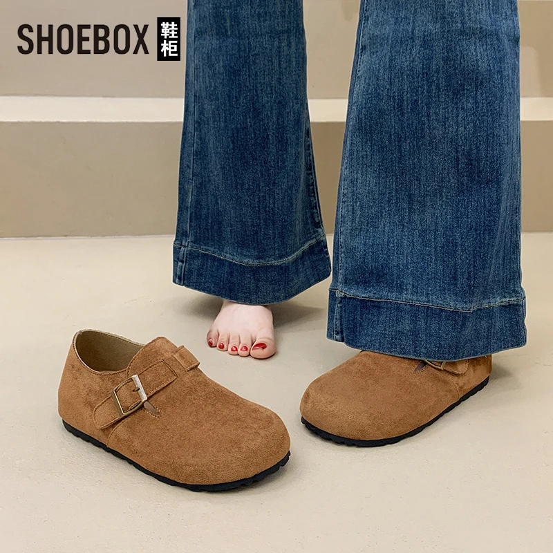 SHOEBOX鞋柜磨砂皮面勃肯鞋女款2025春季新款全包厚底时尚单鞋