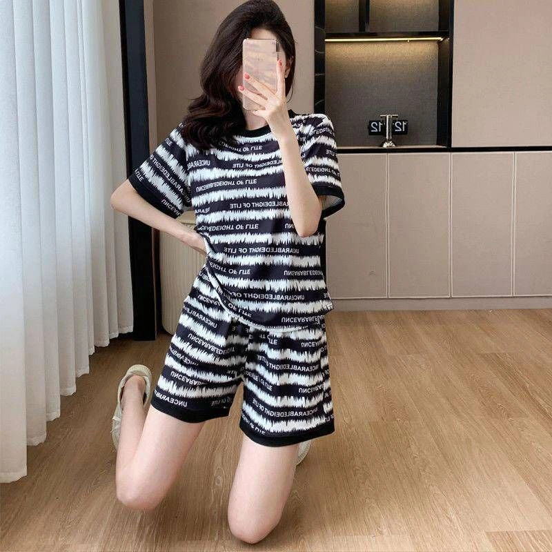 睡衣女夏季两件套宽松条纹胖mm加肥大码裤套装休闲运动家居服潮