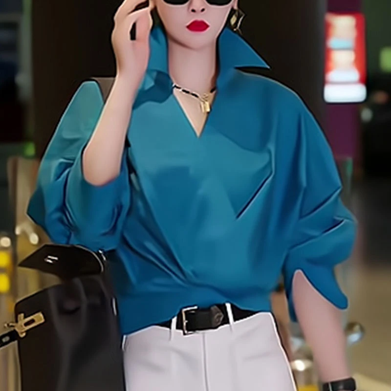 欧货蓝色翻领衬衫女2025秋季新款设计感宽松显瘦独特别致叠穿上衣